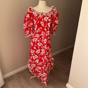 Vintage Shannon Marie Red and White Muumuu Hawaiian Hibiscus Ruffle Maxi Dress